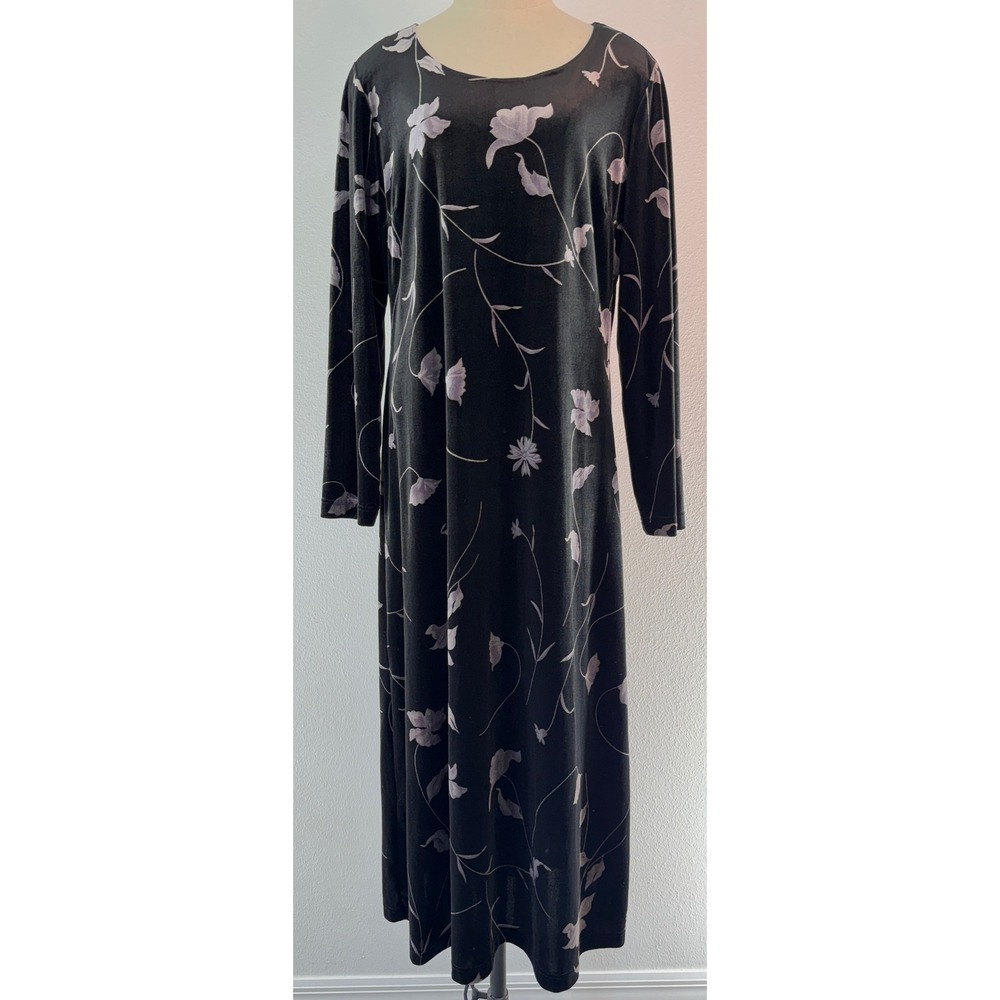 Vintage 90s Talbots Black Velvet Floral Maxi Dress Long Sleeve Whimsigoth Grunge